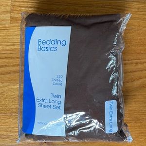 EUC 3Pc TWIN Extra X LONG SHEET SET BROWN COTTON Flat Fitted Pillowcase Bed Bath